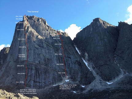 Bilibino, Russia, Chris Warner, Chris Fitzgerald - The General with The Turilov Route (20/6a+, 375m) and Basil Brush (23/7a, 465m), both first ascended by the Australians  Chris Fitzgerald and Chris Warner in August 2014.