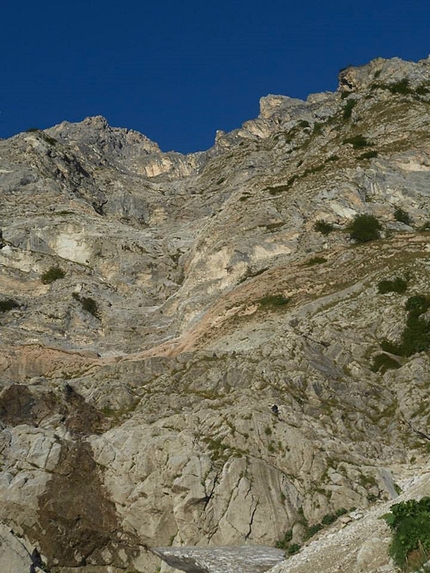 Paretone Express. Via Iurisci - D'Amico al Paretone del Gran Sasso - Iurisci parte sullo zoccolo, un puntino sull'immensità del Paretone