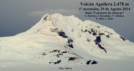 Volcan Aguilera, Hielo Sur, Patagonia - Volcan Aguiler e la via Concierto de rimayas. La prima salita della montagna fu effettuata il 29 agosto 2014 da Camilo Rada, Natalia Martinez, Ines Dusaillant, Viviana Callahan e Evan Miles