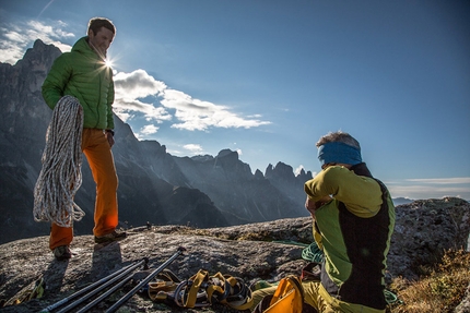 Pinne gialle - Tognazza, Dolomites - Eric Girardini - Mountain Guide - and Manolo at the top of Pinne gialle (Tognazza, Passo Rolle, Dolomites)