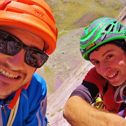 Giù la testa, Lagorai, Dolomites - During the first ascent of Giù la testa, Lagorai, Dolomites  (350m VIII / VIII+, Peter Moser, Thomas Ballerin, Iwan Canins, Roberto Ronzani 2014)