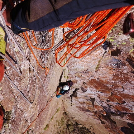 Giù la testa, Lagorai, Dolomites - During the first ascent of Giù la testa, Lagorai, Dolomites  (350m VIII / VIII+, Peter Moser, Thomas Ballerin, Iwan Canins, Roberto Ronzani 2014)