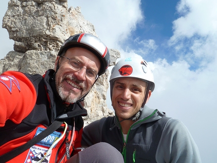 Sguardo al Passato, Val d’Ambiez, Dolomiti di Brenta - Gianluca Bellamoli e Andrea Simonini in cima dopo l'apertura di Sguardo al Passato, Val d’Ambiez, Dolomiti di Brenta