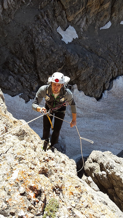 Sguardo al Passato, Val d’Ambiez, Dolomiti di Brenta - Durante l'apertura di Sguardo al Passato (300, 7a+, Andrea Simonini, Gianluca Bellamoli 08/2014), Val d’Ambiez, Dolomiti di Brenta