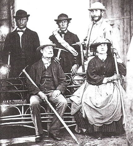 GORE-TEX® Experience Tour 'History Session' - 1871, photo of Lucy Walker, sittingm with her father Frank Walker and (standing, from left to right) an unknown person, Melchior Anderegg and Adolphus Warburton Moore