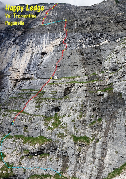 Happy Ledge, Val Trementina, Paganella - The route line of Happy Ledge, Val Trementina, Paganella first climbed by Rolando Larcher and Nicola Sartori