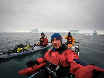 Shark's Tooth, Greenland, Matteo Della Bordella, Silvan Schüpbach, Christian Ledergerber - Selfie on the kayak: Matteo Della Bordella, Silvan Schüpbach & Christian Ledergerber.