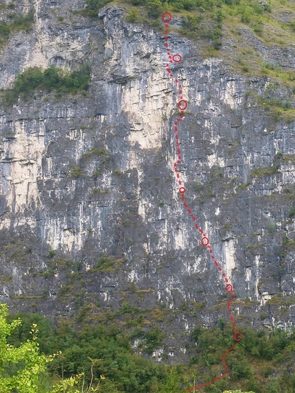 Palu, Valsugana, Italy - Peter Moser making the first ascent of L'ultimo dei selvaggi (200m, 7b max, 7a oblig), Palu, Valsugana.