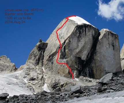 Miyar valley, Himachal Pradesh, India - Splitter and Storm (500m, TD 6a), la via salita sulla parete SE di Lotus peak di Cyrill Bösch, Elias Gmünder, Arunas Kamandulis, Gediminas Simutis il 24/08/2014