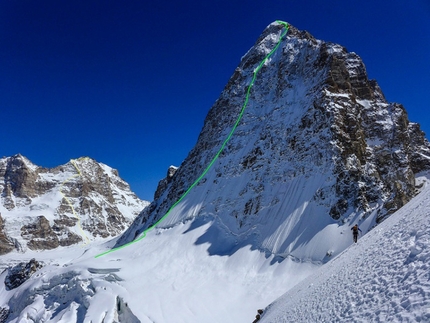 Hagshu, Kishtwar, Himalaya - The line of the new route up the North Face of Hagshu climbed by Ales Cesen, Luka Lindic and Marko Prezelj.