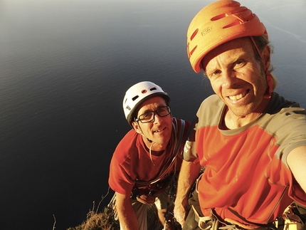 Monte Gallo, Sicily - Robert Jasper and Jörn Heller during the first ascent of Last Minute (7c/c+, 200m), Monte Gallo, Sicily