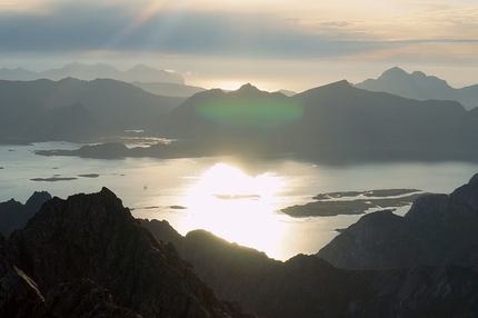 Storpillaren, Vagakallen, Lofoten - The view from the summit of The Corner kick (8a, 900m) climbed by Adam Pustelnik and Andreas Klarström up Storpillaren, North Face of Vågakallen, Lofoten islands, Norway.