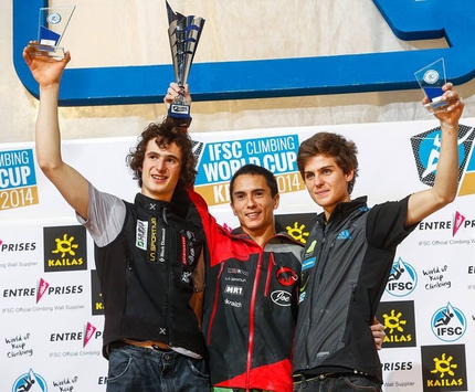 Lead World Cup 2014 - Combined podium (Lead, Boulder, Speed): Adam Ondra (silver), Sean McColl (gold), Domen Skofic (bronze)