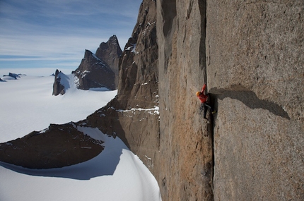 Antarctic - Alexander Huber working his way up the West Face of Holtanna, Antarctic