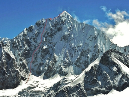 Chugimago (Chukyima Go), Nepal - Domen Kastelic, Sam Hennessey - Chukyima Go (6259m) West Face, Kastelic-Hennessey route, salita da Domen Kastelic e Sam Hennessey 90° M4/60°-80°, 900m, October 11th and 12th 2014, 14 hours/11h+3h