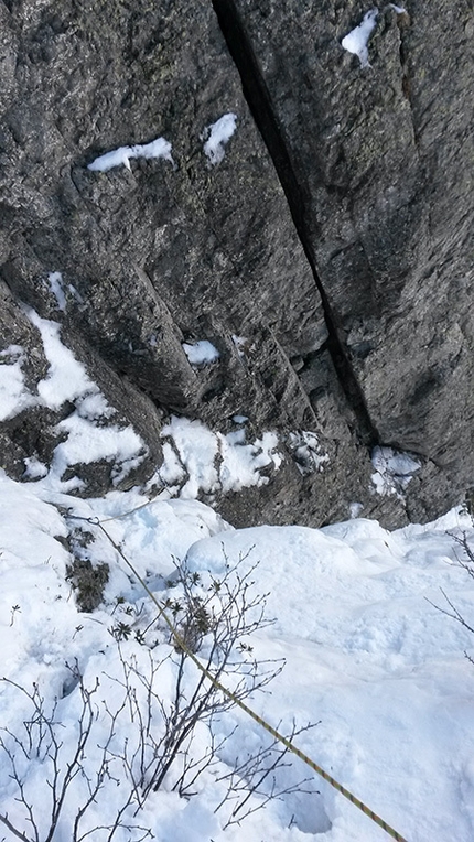 Cima Denti della Vecchia, Val Gerola - Cristian Candiotto during the first ascent of Anitaice (M5, 140m), Cima Denti della Vecchia in Val Gerola, Italy