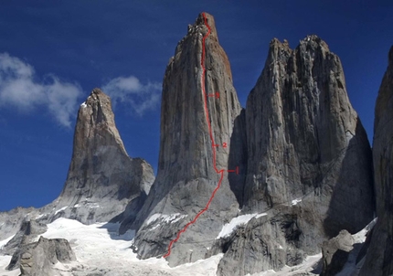 Free South Africa, Torres del Paine - Free South Africa, East Face of Central Tower, Torres del Paine, Chile.  Nicolas Favresse, Sean Villanueva and Ben Ditto have now carried out the first free ascent of this 1974 route.