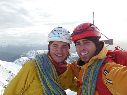 Wasserkopf, Vedrette di Ries, Simon Gietl, Vittorio Messini - Simon Gietl e Vittorio Messini durante la prima salita di Hakuna Matata (V, M6 650m), Wasserkopf (3135m), Vedrette di Ries, Alpi dei Tauri.