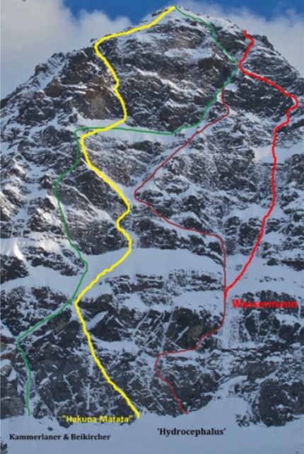 Wasserkopf, Vedrette di Ries, Simon Gietl, Vittorio Messini - Wasserkopf, Rieserferner Group, Green: Kammerlander & Beikircher (Hans Kammerlander, Werner Beikircher, 1977). Yellow: Hakuna Matata (Simon Gietl, Vittorio Messini 2014). Purple: Hydrocephalus (Alexander Mayer, Raffaele Sebastan, Ulrich Viertler, 2013). Red: Wassermann (Veit Bertagnolli, Roland Marth, 2014)