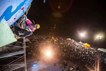 Ice Climbing World Cup 2014 - Angelika Rainer competing in the Ice Climbing World Cup at Bozeman, Montana, USA