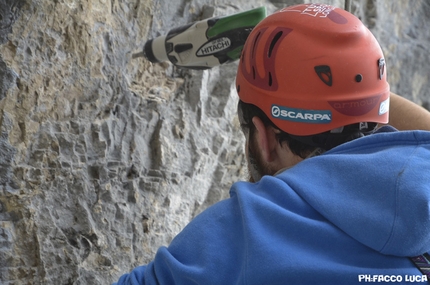 Stortoland, Monte Dolada, Alpago - Enrico De Nard 'Thunder' hard at work at Stortoland, the new drytooling crag at Monte Dolada