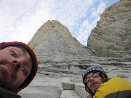 South African Route, Paine - Sean Villanueva and Ben Ditto get ready to climb the South African Route, Paine, Patagonia.
