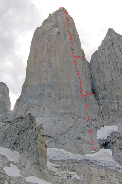 South African Route, Paine - The striking line of ascent of South African route which takes the clearcut dihedral up the East Face Central Tower, Paine, Chile. First climbed in 1973/74, it now goes free at 7b+.