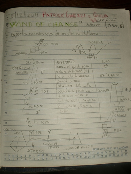 Monte Nero, Presanella - The topo of Wind of Change  (380m M6+ WI5, Patrick Ghezzi, Giulia Venturelli 2011).