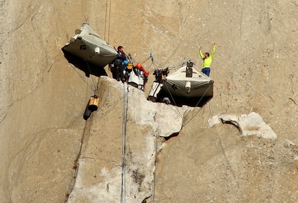 Tommy Caldwell climbs last crux pitch at half-height on Dawn Wall