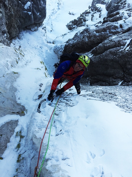 Dlacion de Frea, Sella, Dolomites - On pitch 2 during the first ascent of the icefall Dlacion de Frea (WI6/M6, 110m, Lukas Runggaldier, Alex Peristi, Willi Comploi), Sella, Dolomites