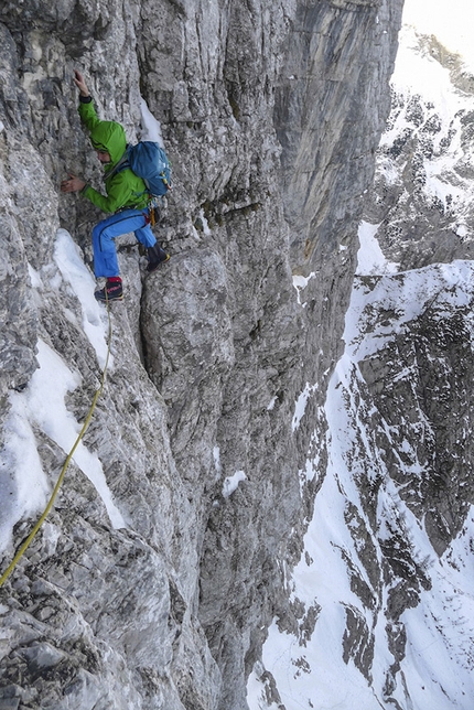 Travnik, Slovenia, Matevz Mrak, Matevz Vukotic e Nejc Marcic - Travnik North Face: Matevž Mrak, Matevž Vukotic and Nejc Marčič during the winter ascent of the route Sveca, carried out on 10/01/2015. On the lower section of the climb.