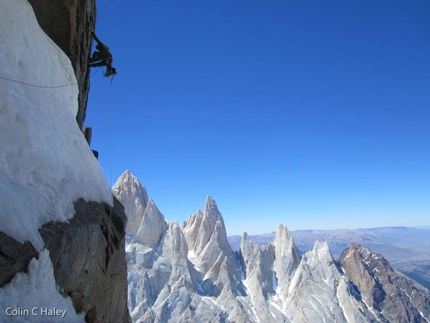 Colin Haley, Marc-André Leclerc, Cerro Torre, Torre Egger, Punta Herron, Cerro Standhardt, Patagonia, - Marc-André Leclerc climbing new terrain on the south face of Cerro Stanhardt during 'La Travesia del Oso Buda', the traverse climbed from 18 - 21 January 2015 together with Colin Haley. This links, from south to North, Cerro Torre, Torre Egger, Punta Herron and Cerro Standhardt in Patagonia.