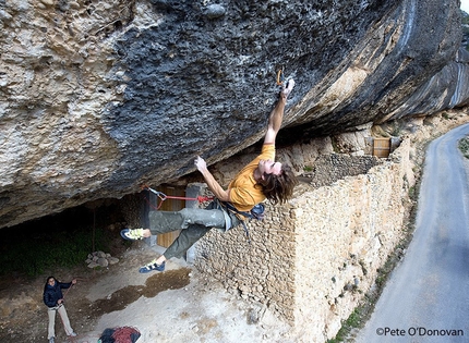 Spain climbing action: Chris Sharma at Margalef, Geoffray De Flaugergues at Alquezar