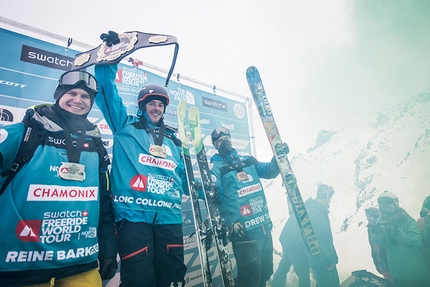 Swatch Freeride World Tour by The North Face - Podium maschile del FWT15 Chamonix Mont-Blanc: Reine Barkered, Loic Collomb Patton, Drew Tabke