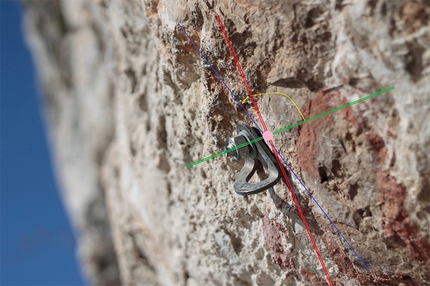 Marco Pukli - Fix su muro poco strapiombante; notare l'angolo corretto, tra la linea rossa e quella verde, e l'angolo reale, in blu; anche se il chiodo può sembrare installato perfettamente, la placchetta è leggermente storta. La tensione sul tassello è elevata, anche senza sollecitazione da parte degli scalatori.