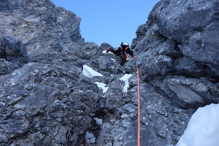 Schneefernerkopf, Michael Wohlleben, Joachim Feger - Michael Wohlleben and Joachim Feger making the first ascent of Optimist (1300m, M6,) Schneefernerkopf, Wetterstein