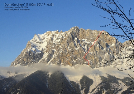 Schneefernerkopf, Michael Wohlleben, Joachim Feger - Dornröschen (1100m, 50°/7- /M5, Fritz Miller, Michael Wohlleben 26/03/2014) Wetterwand (2698m)