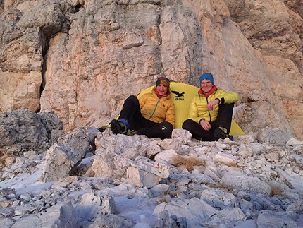 Cima Scotoni, Simon Gietl, Gerry Fiegl, Waffenlos - Simon Gietl and Gerry Fiegl during their winter ascent of Waffenlos, Cima Scotoni, Dolomites