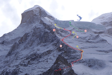 Shivling, Daniela Teixeira, Paulo Roxo - Shivling attempt by Daniela Teixeira and Paulo Roxo.  1.Route of the second attempt (until 6000m). 1a. Route of the first attempt (until 5650m) 2. German route (May 2014). 3.Normal route (Northwest spur). A.'Star Gully'. B.'Cookie rock'