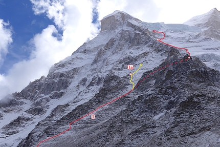 Shivling, Daniela Teixeira, Paulo Roxo - Shivling attempt by Daniela Teixeira and Paulo Roxo.  1.Route of the second attempt (until 6000m). 1a. Route of the first attempt (until 5650m) 2. German route (May 2014). 3.Normal route (Northwest spur). A.'Star Gully'. B.'Cookie rock'