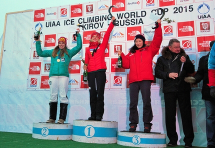 Ice Climbing World Cup 2015 - Overall Lead Champion (Women) for the 2015 UIAA Ice Climbing World Tour. 1st Place: Angelika Rainer, 2nd Place: Petra Klingler and 3rd Place: HanNaRai Song