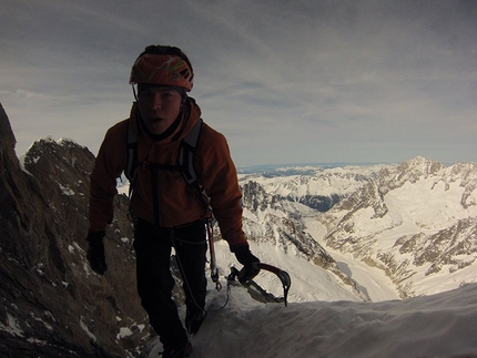 Tom Ballard, Grandes Jorasses, Starlight and Storm - Tom Ballard very near the summit while climbing the Colton - Macintyre on the Grandes Jorasses