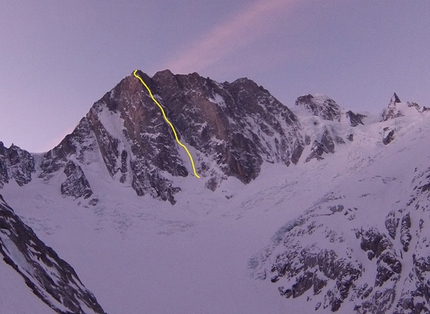 Tom Ballard, Grandes Jorasses, Starlight and Storm - The route line of the Colton - Macintyre route, first climbed by Britain's Nick Colton and Alex Macintyre in August 1976, Grandes Jorasses, Mont Blanc massif