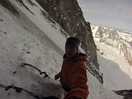 Tom Ballard, Grandes Jorasses, Starlight and Storm - Tom Ballard at the top of the second ice field on the Colton - Macintyre route, Grandes Jorasses