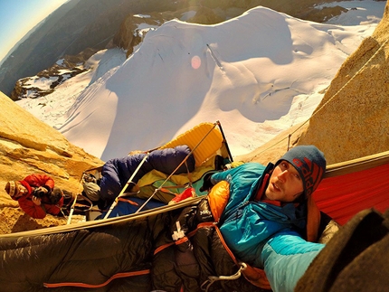 Fitz Roy Ragni route, Patagonia - Matteo Della Bordella waking up after the hammock bivy, 2015