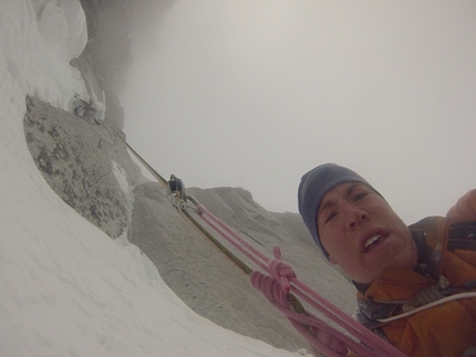 Tom Ballard, Petit Dru, Mont Blanc - Tom Ballard during his solo ascent of the Allain - Leininger route up the North Face of the Petit Dru (3,733m) in the Mont Blanc massif