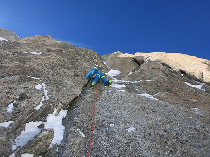 Pyramide du Tacul, Mont Blanc - Matt Helliker links another mixed section into a icy corner during the first ascent of Mastabas (M7, 250m), Pyramide du Tacul, Mont Blanc