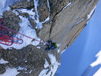 Pyramide du Tacul, Mont Blanc - Jon Bracey seconding pitch 2 during the first ascent of Mastabas (M7, 250m), Pyramide du Tacul, Mont Blanc