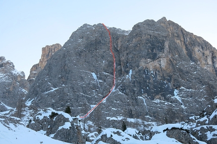 Hrushka, Mur de Pisciadù, Sella, Dolomites, Francesco Salvaterra, Marcello Cominetti - Francesco Salvaterra and Marcello Cominetti making a winter ascent of the Hrushka route up Mur de Pisciadu Orientale, Sella group, Dolomites