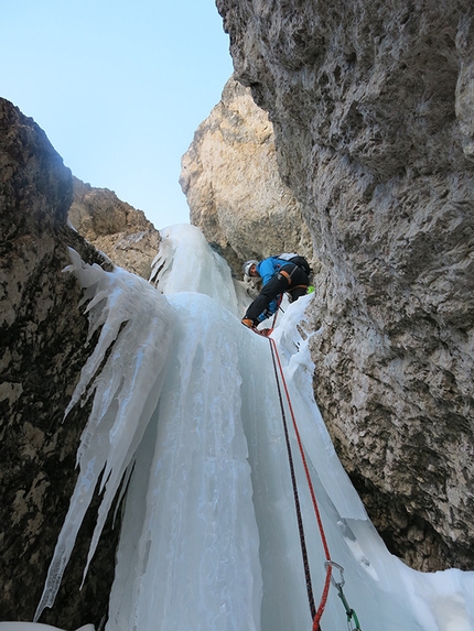 Hrushka, Mur de Pisciadù, Sella, Dolomites, Francesco Salvaterra, Marcello Cominetti - Francesco Salvaterra and Marcello Cominetti making a winter ascent of the Hrushka route up Mur de Pisciadu Orientale, Sella group, Dolomites